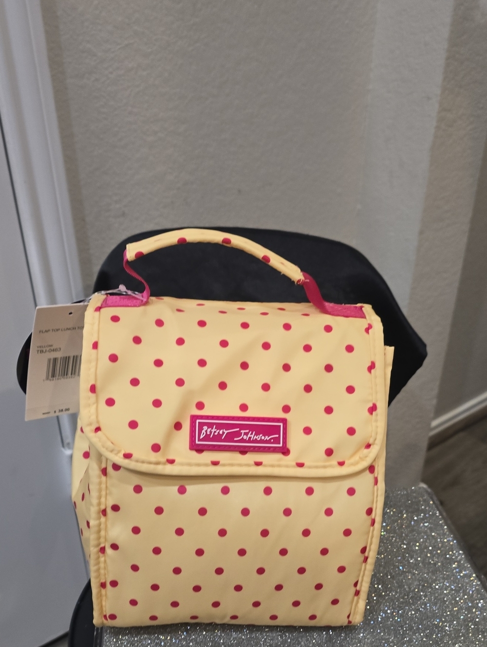 Betsey Johnson Polka Dot Flap Top Insulated Lunch Tote Bag- Yellow/Pink - Picture 4 of 8